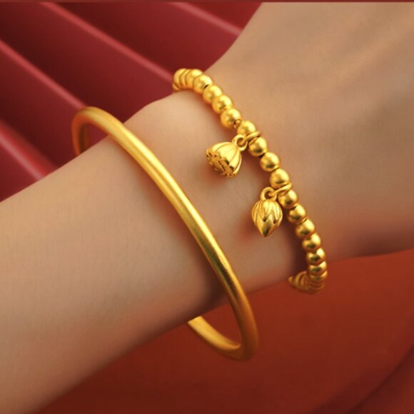 ✨ NEW Gold Tone Stackable Bangle & Beaded Bracelet Set | Lotus Charm Jewelry - Picture 1 of 4